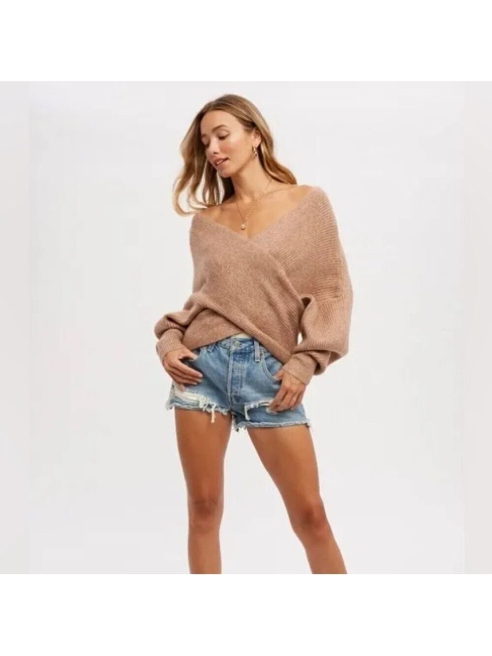 CLEAR OUT!!! Crossover Ribbed Pullover- Latte - Picture 7 of 11